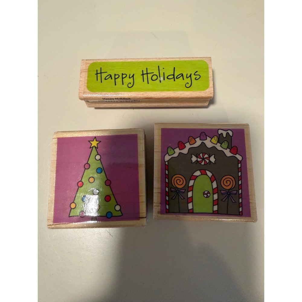 Hampton Art Christmas Wood Mounted Rubber Stamps Gingerbread Tree Happy Holidays